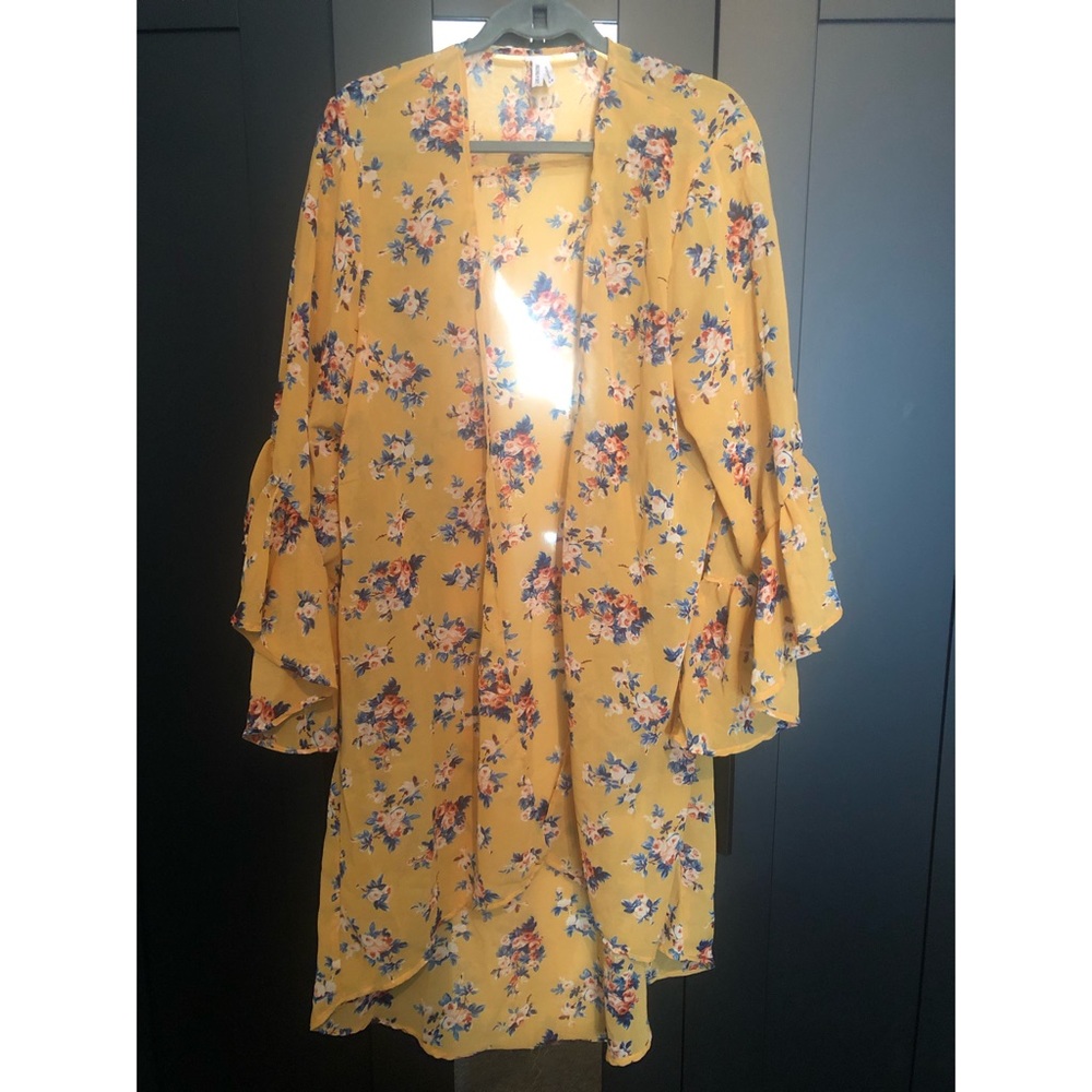 Flounce Sleeve Open Front Floral Print Kimono